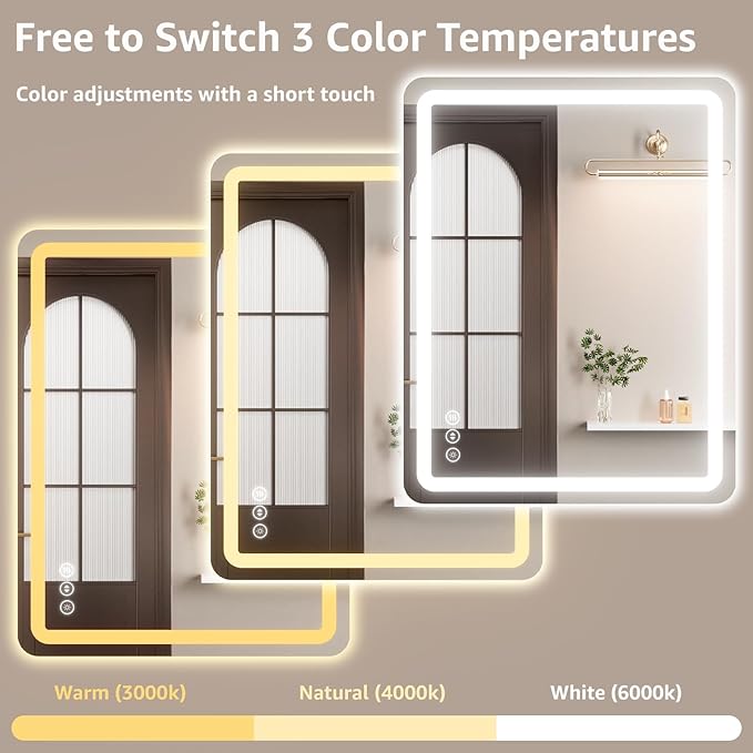 40" x 30" Led Bathroom Mirror with Lights, Anti-Fog & Tri-Color Lighting - Wall Mounted Shaving Mirror with Touch Sensor, Waterproof & Smart LED Vanity Mirror,Tempered Glass, Dimmable Smart Mirror