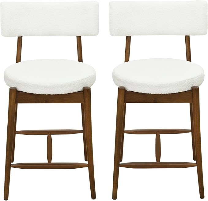 Christopher Knight Home Ebany 25.50" H Barstools Set of 2, Upholstered Counter Stool, Comfy Backrest Kitchen Stool, Rubberwood Frame Stool Chair, Bistro Chair for Kitchen Dining Room, Beige+Brown