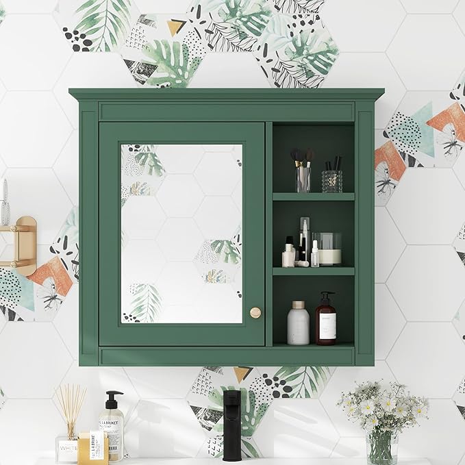 Bathroom Wall Cabinet with Mirror, 30'' x 28'' Medicine Cabinet with Mirror Door and Adjustable Shelves, Over Toilet Storage Cabinet, Wall-Mounted Bathroom Mirrors for Over Sink with Storage