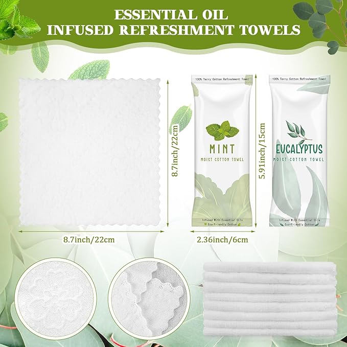 50 Pcs Moist Towelettes Individually Wrapped Scented Disposable Face Towels Essential Oil Infused Moist Terry Cotton Towel for Use Hot or Cold Travel Body Spa (Mint, Eucalyptus Leaves)