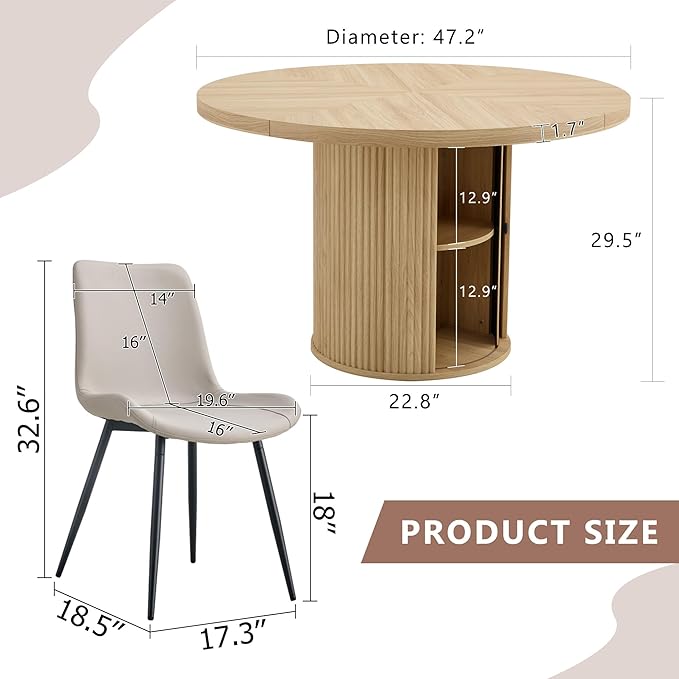 Round Dining Table Set for 6 with Two Storage, 47" Round Dining Table with 6 PU Leather Chairs, 7 Piece Kitchen Table Chairs Set of 6 with 1.7” Thick Wood Top, Roman Column Pedestal, Space-Saving