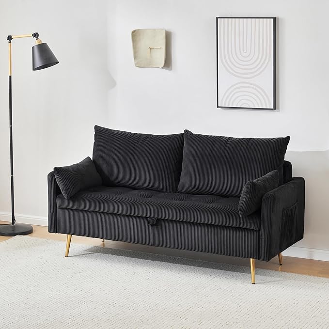Furnimart 2-Seater Storage Loveseat for Small Spaces, 62“ Corduroy Couch with Removable Cushion Cover and Metal Leg for Bedroom, Apartment, Tiny Homes and Lofts, Black