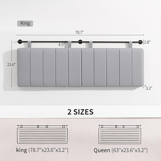 UEV King Headboard Only, Wall Mounted Hanging Upholstered Bed Head Board, Modern Vertical Channel Design of Fine Linen, Elegant Grey Fluted Headboard for Bedroom (Grey, King Size)