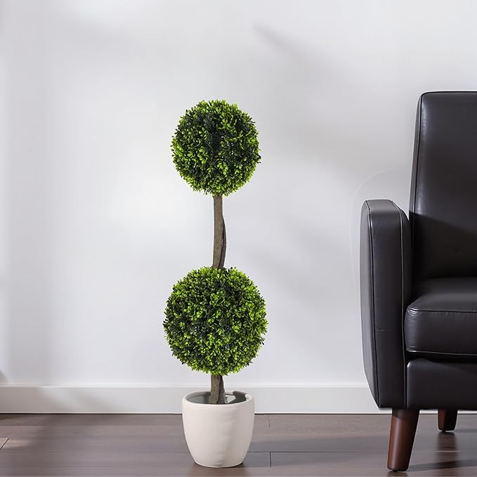 Christopher Knight Home Alene Set of 2 34''H Pre-Potted Artificial Tree Indoor, Artificial Topiary Boxwood Tree Double Ball with Pot, Faux Tree with Natural Wood Trunk with Black Plastic Pot, Green