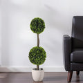 Christopher Knight Home Alene Set of 2 34''H Pre-Potted Artificial Tree Indoor, Artificial Topiary Boxwood Tree Double Ball with Pot, Faux Tree with Natural Wood Trunk with Black Plastic Pot, Green