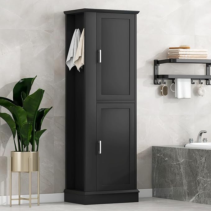 Tall Freestanding Storage Cabinet, Multi-Purpose Floor Organizer with 2 Doors, Hook and Adjustable Shelf for Bathroom, Office, Black