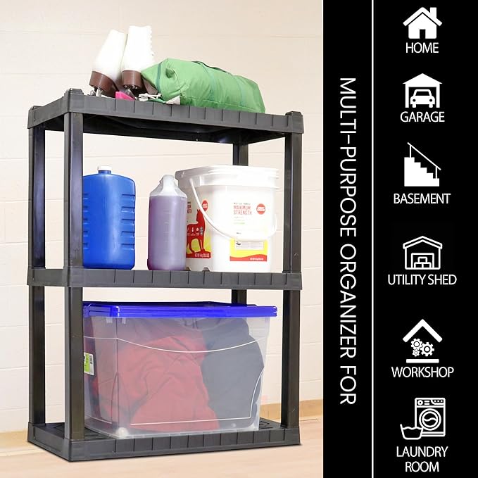 Oskar Heavy Duty Plastic Storage Shelves- for Garage, Kitchen, Bathroom Basement Kids Room, Stackable 3-Tier Black Organizer Rack for Books Shoes, Toys, Pantry, Cleaning and Closet Organization
