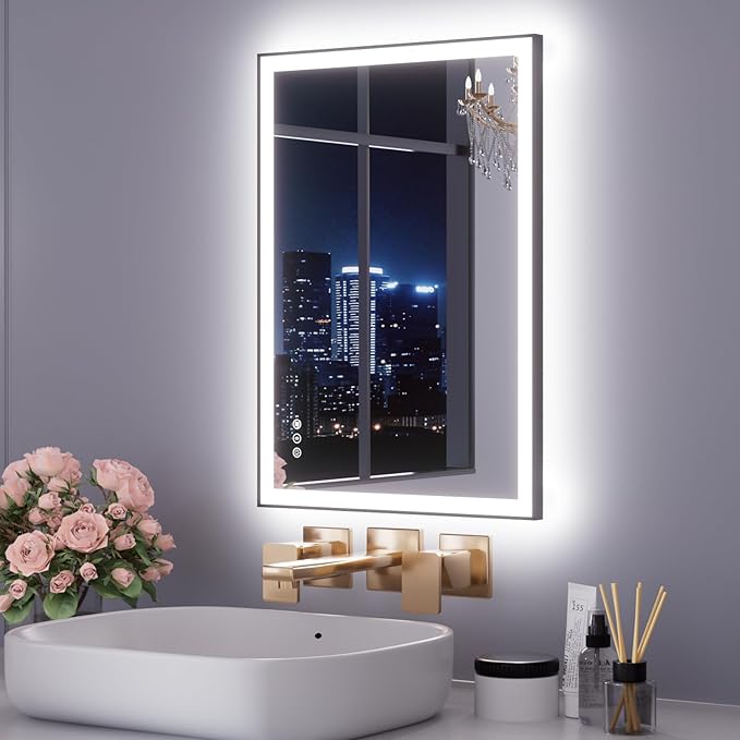 WTTY 24"X32" LED Bathroom Mirror with Black Frame, Bathroom Vanity Mirror with Lights for Wall, Front Light and Backlit, Anti-Fog, Dimmable, 3 Colors, Shatterproof, Memory, Horizontal/Vertical