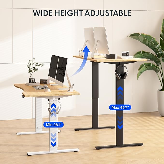 FLEXISPOT EN1 Bamboo Standing Desk, 55 x 28 Inches Whole-Piece Electric Adjustable Height Sit Stand Table, Home Office (White Frame + Bamboo Top, 2 Packages)