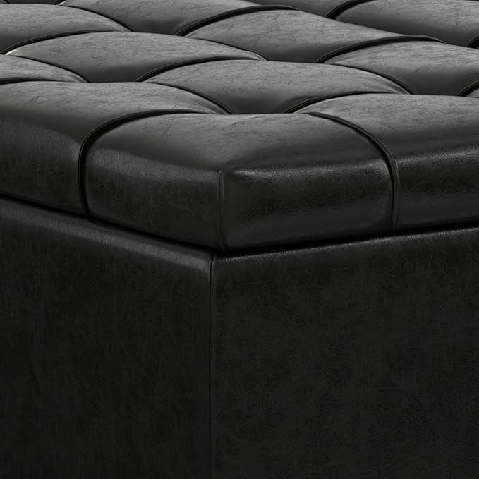SIMPLIHOME Harrison Large Coffee Table Storage Ottoman - 40 inch Wide Upholstered Vegan Leather Square Lift-Top Ottoman in Midnight Black, Transitional Bench for Living Room with Sturdy Base