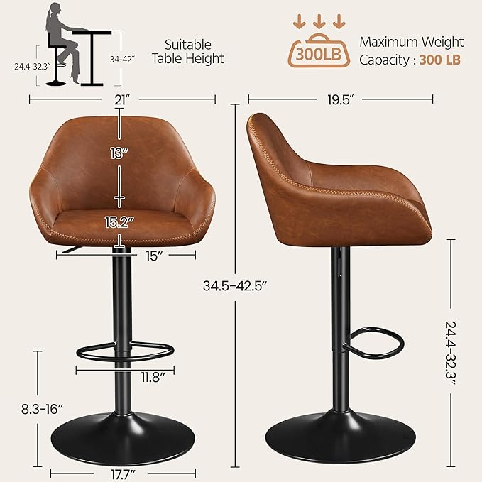 Yaheetech Bar Stools Set of 2, PU Leather Swivel Counter Height Barstools, Adjustable Bar Chairs with Backrest and Footrest, Kitchen Island Stool for Home Kitchen, Retro Brown