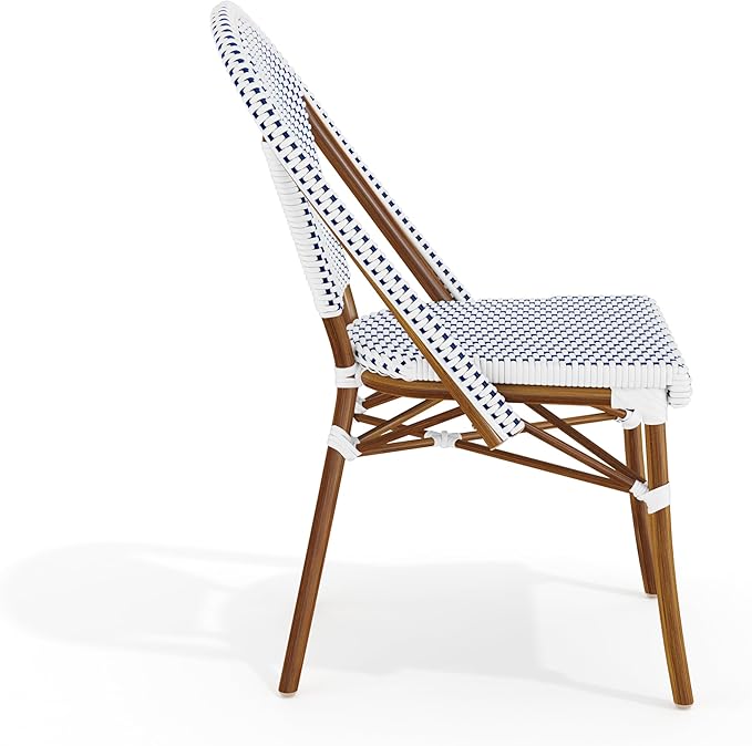 Martha Stewart Lily Pond Indoor-Outdoor Stackable Aluminum Bistro Chair with Natural Woodgrain Frame Finish and White/Navy Woven Rattan Backrest and Seat