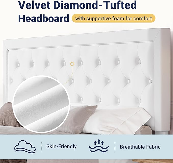 Allewie King Size Velvet Upholstered Bed Frame with Adjustable Headboard, Diamond Tufted Design, Wood Slat Support, Noise-Free EVA Strip, Easy Assembly, White
