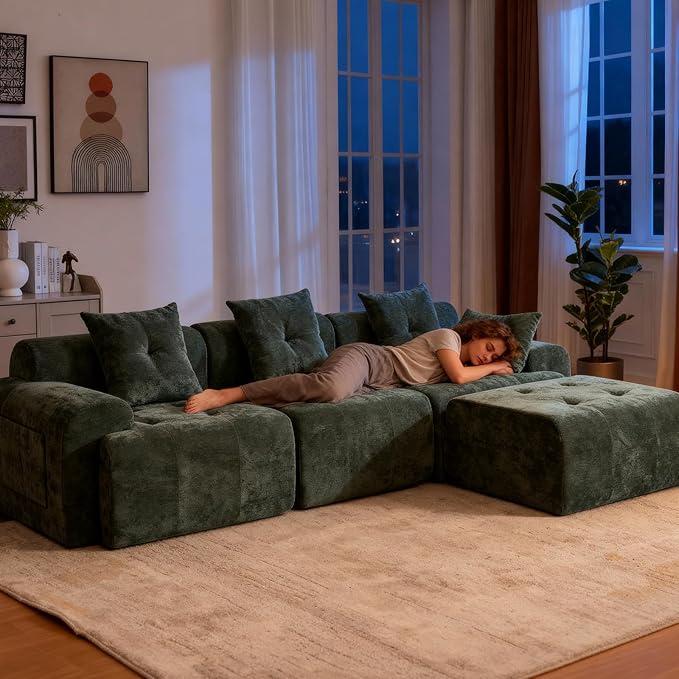 101.65” Modular Sectional Couch for Living Room, 3-Seater Cloud Sofa with Deep Seat, Woven Texture Upholstery Boneless Couch, No Assembly, Green
