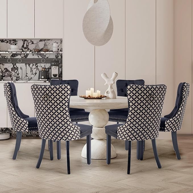 Velvet Upholstered Dining Chairs Set of 6, Modern Style Kitchen Side Chairs with Nailhead Trim and Wood Legs,Metal Pulling Ring for Dining Room Living Room(Quadrangular Star&Black)