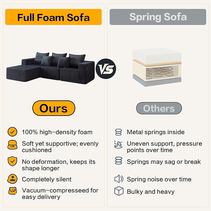Boneless Sectional Sofa, 100.7" Cloud Sofa with Wide-Wale Corduroy, Deep Seat L Shaped Couch, All-Foam Filled Compressed Couch for Living Room (Black, Corduroy)
