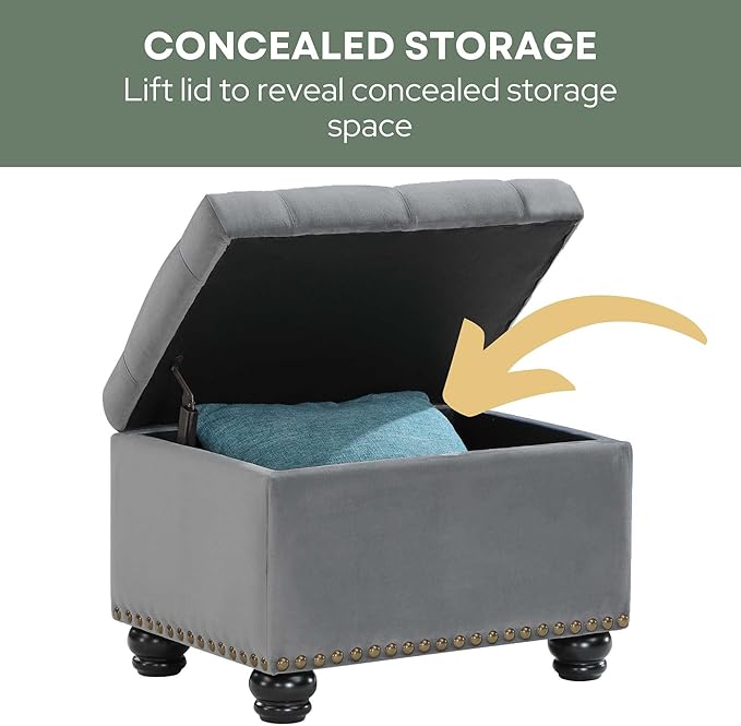 Convenience Concepts Designs4Comfort 5th Avenue Storage Ottoman 24" - Contemporary Foot Stool and Seat with Hinged Lid for Living Room, Dining Room, Office, Den, Gray Velvet