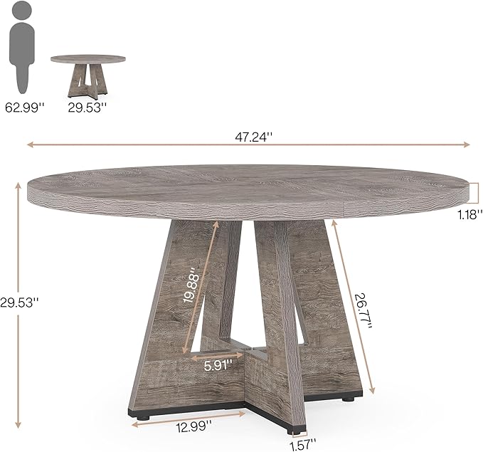Tribesigns Round Dining Table for 4, 47 inch Farmhouse Circle Kitchen Table with Wooden Pedestal Base for Kitchen, Dining Room, Living Room (Grey)