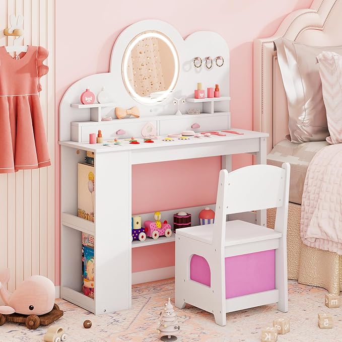 Costzon Kids Vanity, Girls Vanity Set with Lighted Mirror, Bookshelf, Drawers, Hooks & Storage Shelves, Toddler Makeup Vanity Desk Dressing Table, Wooden Kids Vanity Table and Chair Set (White)
