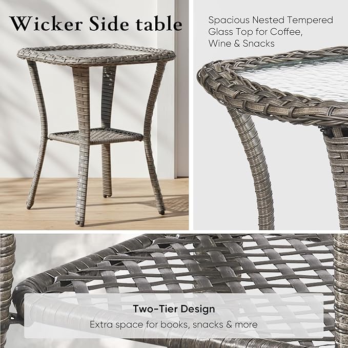 Belord Luxury 6" Thick Cushioned 5 Pieces Patio Furniture Set with Fire Pit Table, Wicker Outdoor Conversation Set with High Back Swivel Rocker Chairs for Deck Porch Yard and Poolside - Grey+Beige