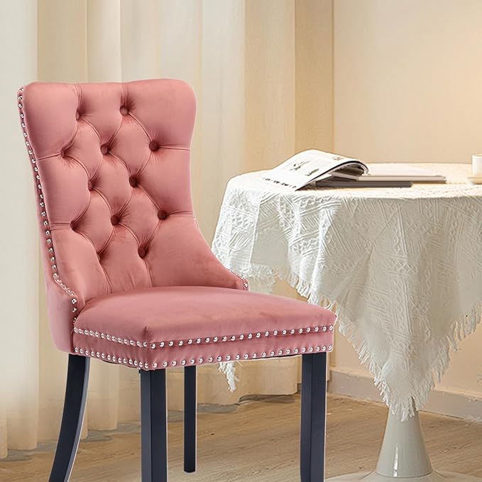 Velvet Upholstered Dining Chairs Set of 2, Modern Style Kitchen Side Chairs with Nailhead Trim and Wood Legs,Metal Pulling Ring for Dining Room Living Room(Pink,Set of 2)