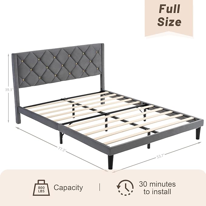 Full Size Platform Bed Frame with Velvet Upholstered Headboard and Sturdy Wooden Slats Support,Mattress Foundation，Easy Assembly, No Box Spring Needed,Slip Resistant (Grey, Full)
