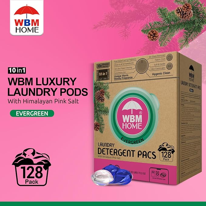 WBM Laundry Detergent Pods - Ultra-Concentrated, Hypoallergenic, Stain-Fighting, Evergreen Scent, 128-Pack, Recyclable Packaging for Eco-Friendly Cleaning