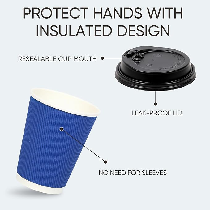 Disposable Blue Coffee Cups 12 oz 20 Pack, Paper Coffee Cups 12 oz for Hot Drinks or Cold Beverages, Insulated Corrugated Ripple Wall Cup for Office, Cafe, Home or Travel