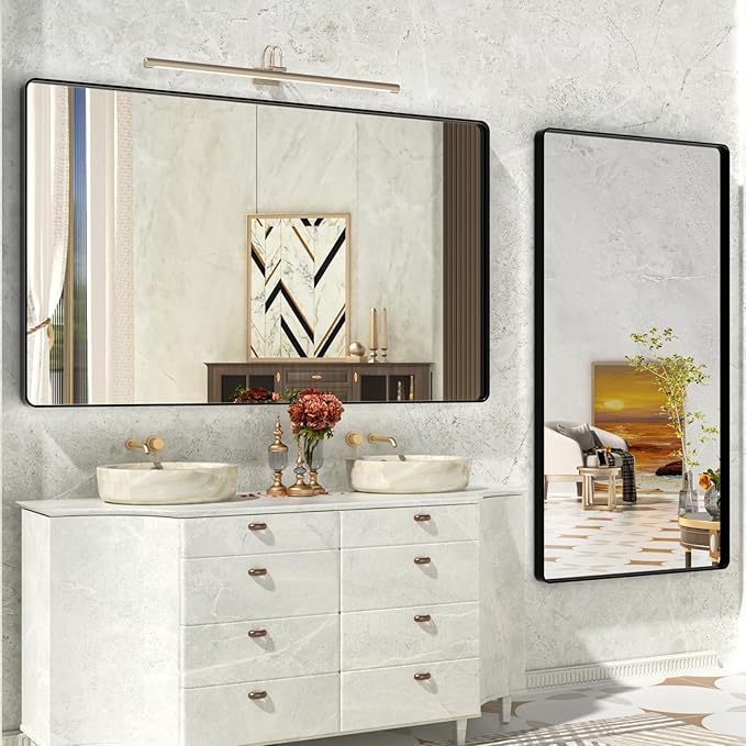 Matte Black Bathroom Mirror,72x32 Inch Large Black Metal Frame Vanity Mirror,Round Corner Black Rectangle Mirror for Wall,Tempered Glass,Anti-Rust(Horizontal/Vertical)