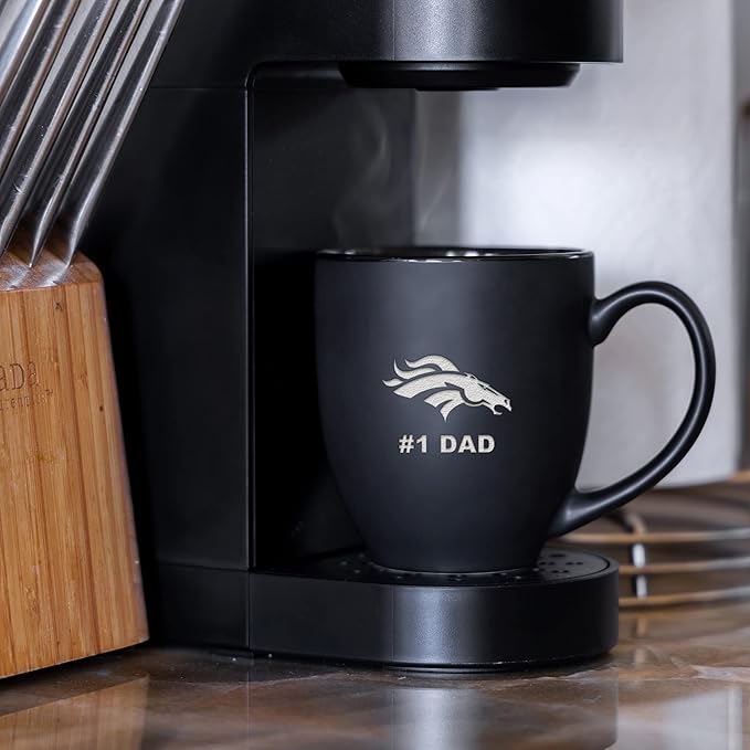 Rico Industries NFL Football #1 Dad 15oz Laser Engraved Matte Black Ceramic Bistro Mug - for Hot or Cold Drinks