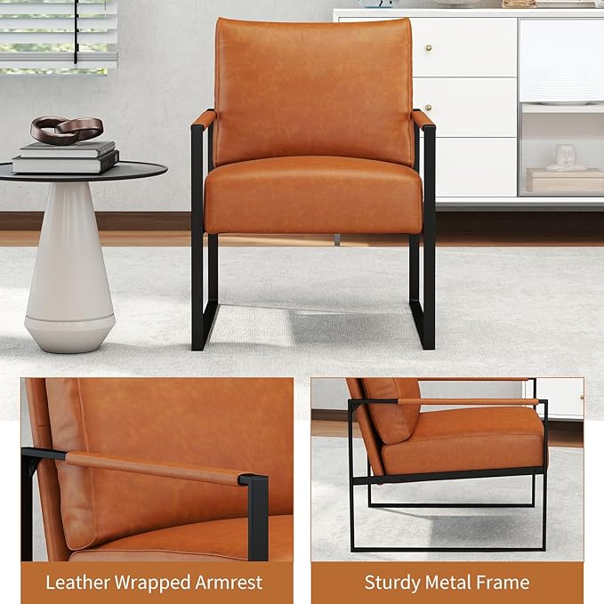 CANMOV Mid Century Modern Accent Chair, PU Leather Armchair with Metal Frame,Comfy Single Reading Chair with Soft Padded Backrest and Cushion for Living Room, Bedroom,Reading Room,Office,Brown