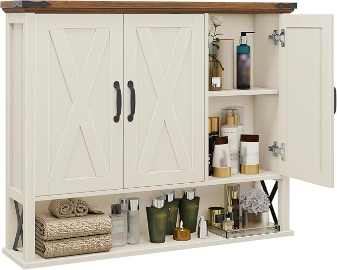 Bathroom Wall Cabinet, Farmhouse Medicine Cabinet with Adjustable Wood Shelf & 3 Doors, Over The Toilet Storage Cabinet for Wall Mounted for Bathroom Laundry Room Kitchen, White and Brown