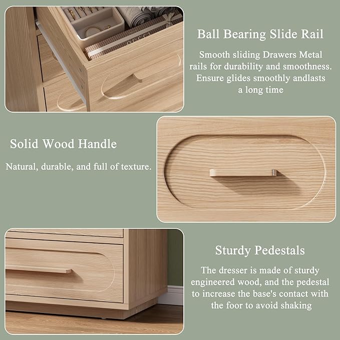 6 Drawer Dresser for Bedroom, 44" Tall Dressers & Chest of Drawers w/Solid Wood Handle, Wood Mid Century Closet Organizers and Storage Cabinet for Bedroom, Living Room, Hallway, Natural Oak