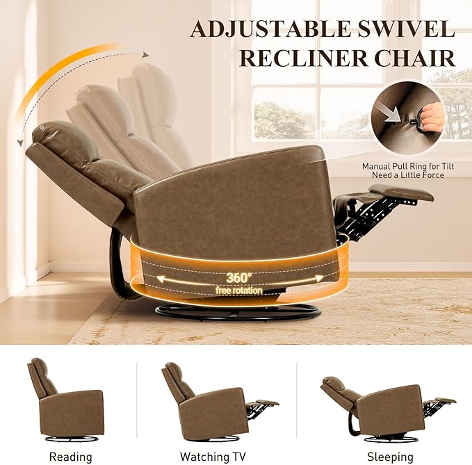 COLAMY Swivel Rocking Recliner,Wide PU Leather Glider Sofa Chair with Ergonomic High Backrest for Living Room,Bedroom（ Brown）