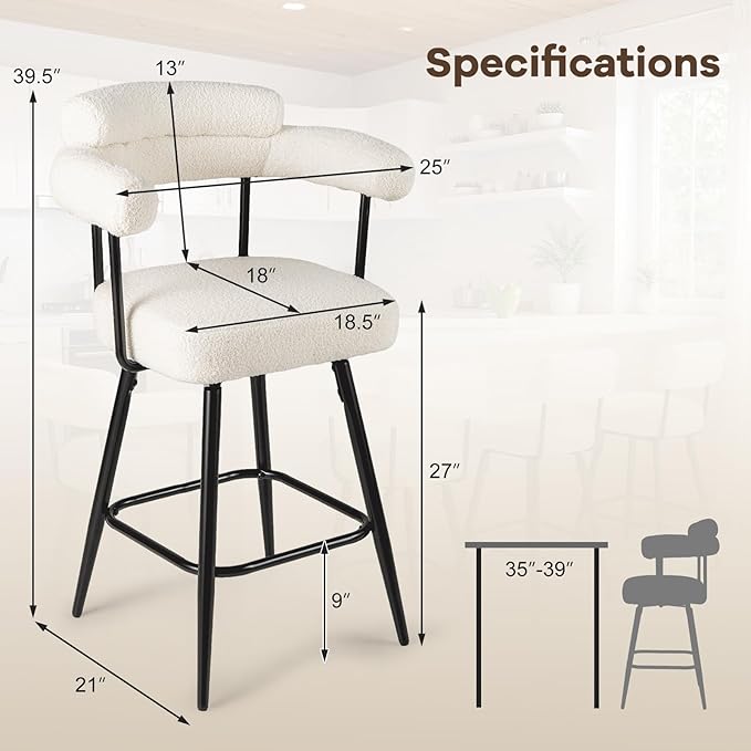 COSTWAY Counter Height Bar Stools Set of 2, 27" Swivel Modern Upholstered Counter Chairs with Boucle Fabric, Curved Backrests & Metal Legs, for Kitchen Island, Home, Pub (2, White + Black)