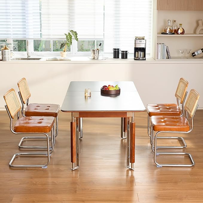 Brown Faux Leather Rattan Dining Chairs Set of 2, Wooden Mid Century Modern Dining Room Chairs, Mesh Back Cane Kitchen Chair, Cesca Design Chairs with Metal Chrome Legs