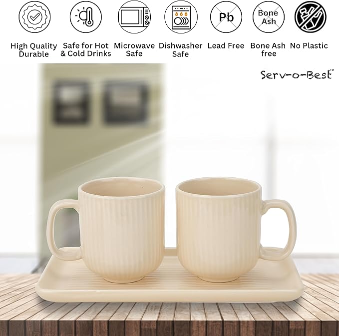 Ceramic Coffee Mugs with Handle Set – 2-Piece 11 Oz Ceramic Coffee Cups & 9" Tray, Handmade Ivory Color, Microwave Safe Gift Set for Tea Lovers, Home Kitchen Décor