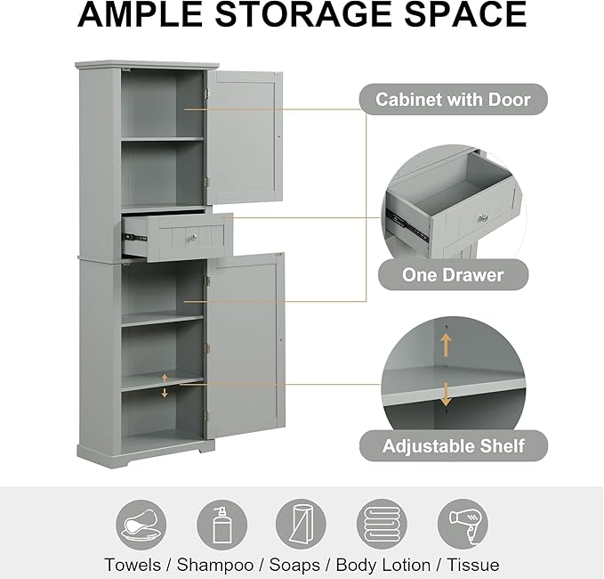 Tall Storage Cabinet, Bathroom Floor Freestanding Storage Cabinet with 2 Doors, One Drawer, and Adjustable Shelf for Bathroom, Office, Living Room, Grey