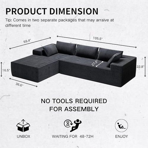 105" Modular Sectional Sofa L Shape for Bedroom, Modular Cloud Sofa with Deep Seat for Living Room, Upholstered Couches No Assembly Required Black, Left Facing Chaise