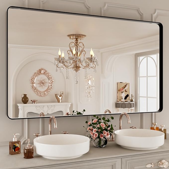 Bathroom Mirror Black,50x30 Inch Large Matte Black Bathroom Vanity Mirror,Rectangle Black Metal Framed Mirror for Wall,Anti-Rust,Shatter-Proof (Horizontal/Vertical)