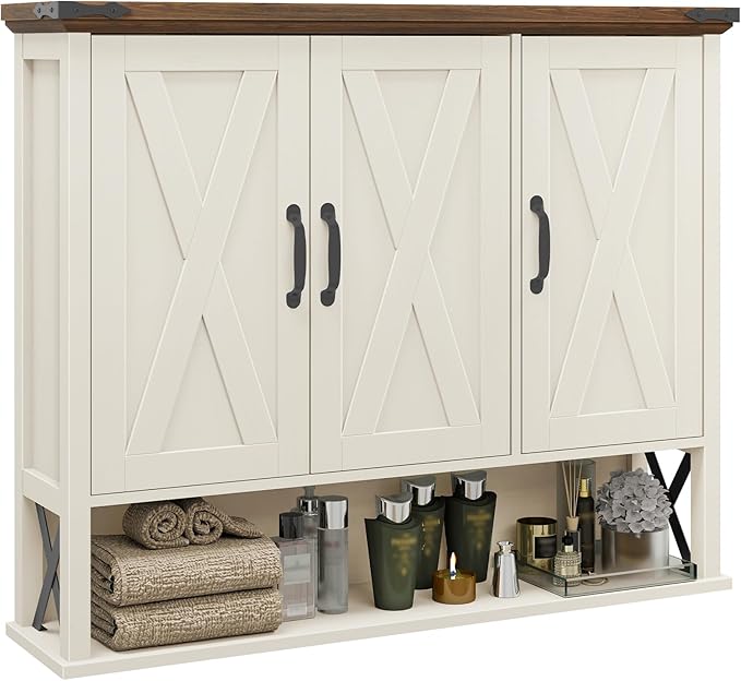 Bathroom Wall Cabinet, Farmhouse Medicine Cabinet with Adjustable Wood Shelf & 3 Doors, Over The Toilet Storage Cabinet for Wall Mounted for Bathroom Laundry Room Kitchen, White and Brown