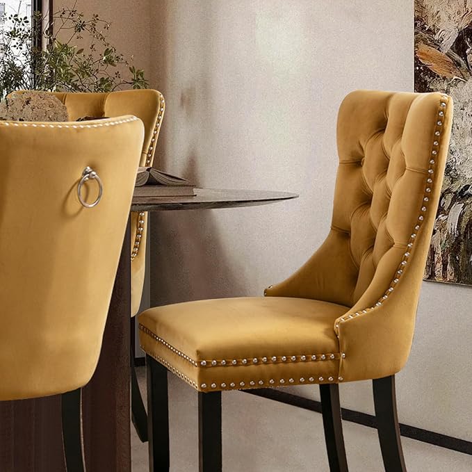 Velvet Upholstered Dining Chairs Set of 4, Modern Style Kitchen Side Chairs with Nailhead Trim and Wood Legs,Metal Pulling Ring for Dining Room Living Room(Gold)