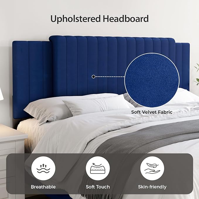 Upholstered Tufted Velvet Headboard, 3 in 1 Headboard for Full/Queen/King Size Bed, Height & Width Adjustable Head Board, Attach Frame, Study & Comfortable, Ideal for Bedroom, Dorm, Guest Room, Blue