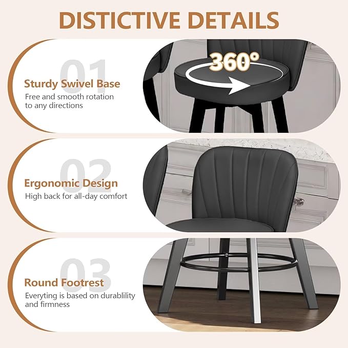MINCETA Bar Stools Set of 4, PU Leather Barstools, 26 Inch Upholstered Counter Stools with Backrest and Footrest, Swivel Counter Height Barstools for Kitchen Island Home Bar Dark Gray