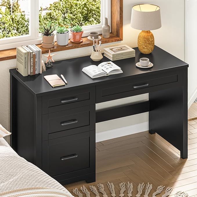 Vabches Farmhouse 47" Executive Desk with File Drawer, Wood Computer Desk with 3 Storage Drawers, Workstation for Home Office, Study, Writing.Black.
