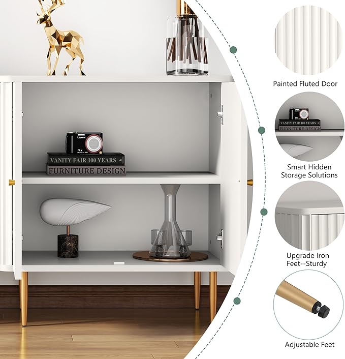 HLR Sideboard Buffet Cabinet with Fluted Texture, White Accent Cabinet with 2 Doors, Modern Credenza Storage for Kitchen Living Room, Entryway (White, 2Piece)