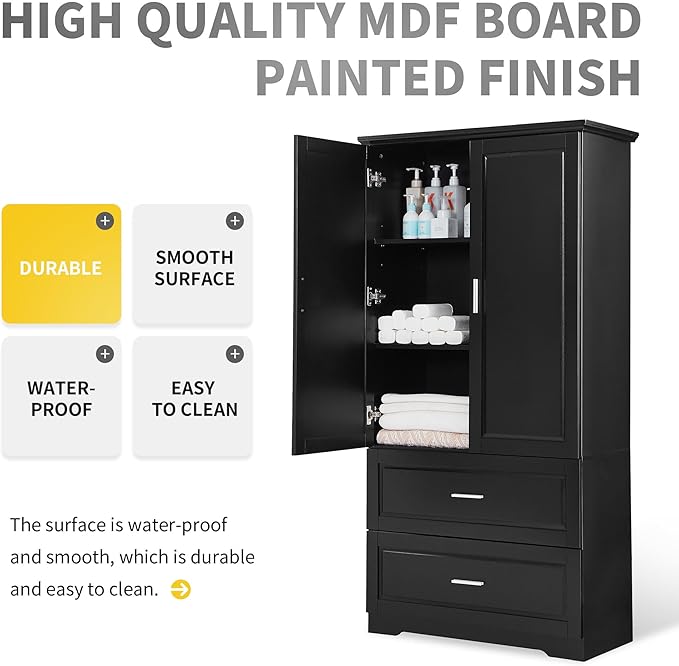 Tall Storage Cabinet, Bathroom Floor Freestanding Storage Cabinet with 2 Doors and 2 Drawers for Bathroom, Office, Living Room, Black