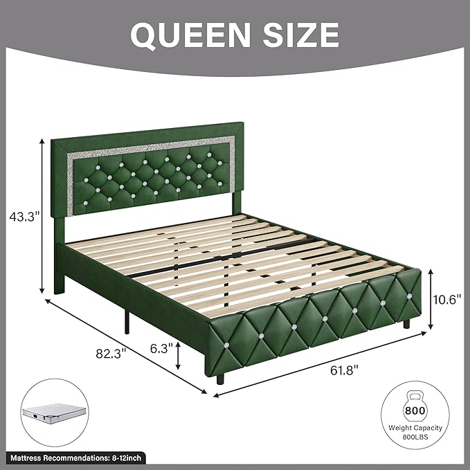 BarnFurin Queen Size Bed Frame with Headboard, Faux Leather Upholstered Bed with Diamond Tufted Design, Modern Bed Frame with Wooden Slats Support, No Box Spring Required, Easy Assembly, Green
