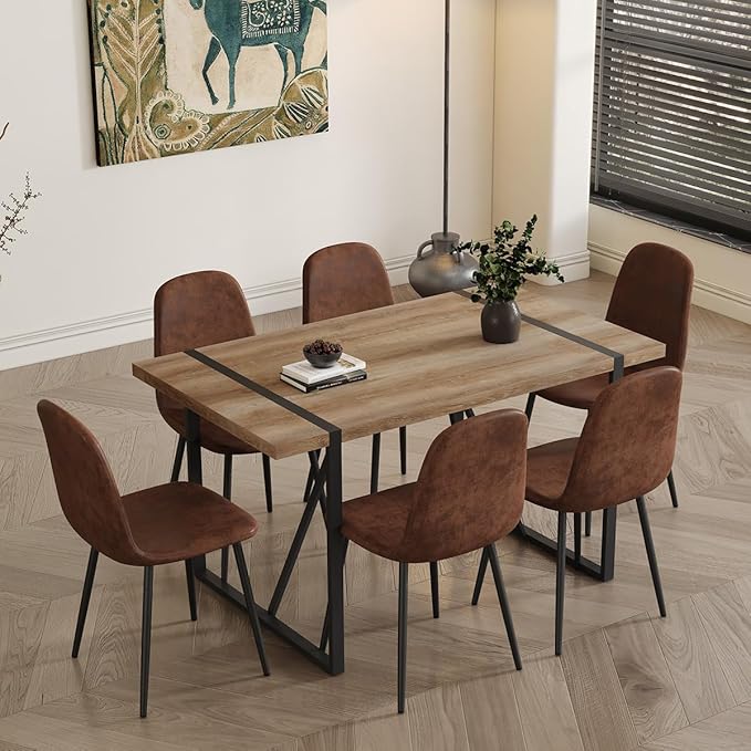 6 Chair Dining Table Set，Dinner Table Set for 6, 55'' Kitchen Table and Suede Nap Fabic Chairs Set of 6, 7 Piece Dining Table Set for Kitchen Dining Room