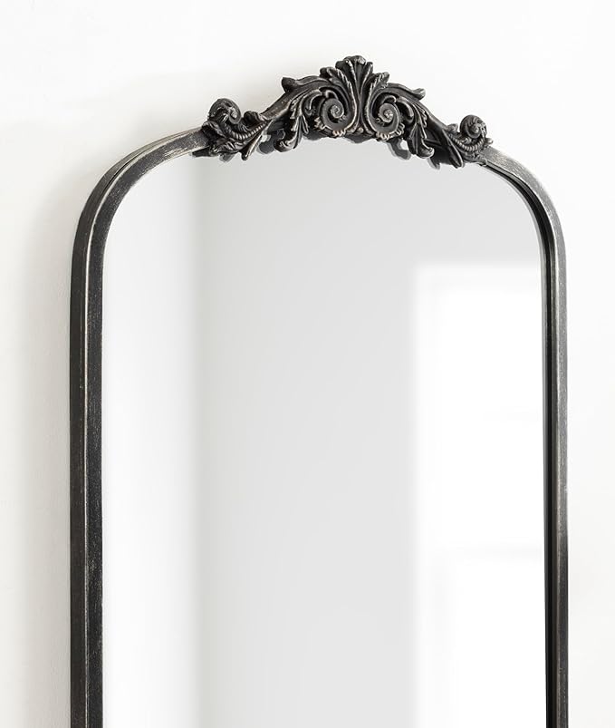 Kate and Laurel Arendahl Vintage Arched Tall Panel Mirror, 18 x 58, Antique Black, Traditional Baroque Full Length Mirror with Ornate Garland Inspired Crown for Bedroom